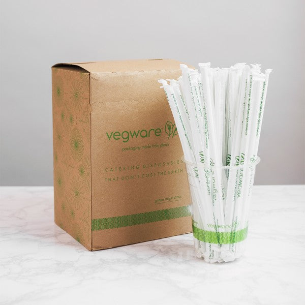 8.25" Standard Green Stripe 5mm Ecovio Straw, Wrapped